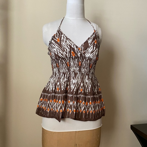 Brown and Orange Printed Halter Top with Ruffle Trim - Picture 3 of 9